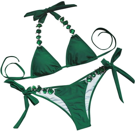 Arnsht Women s Fashion Soft Comfortable Breathable Thong Bikini Crystal Side Bottom Triangle Bikini Halter Swimsuits Green L