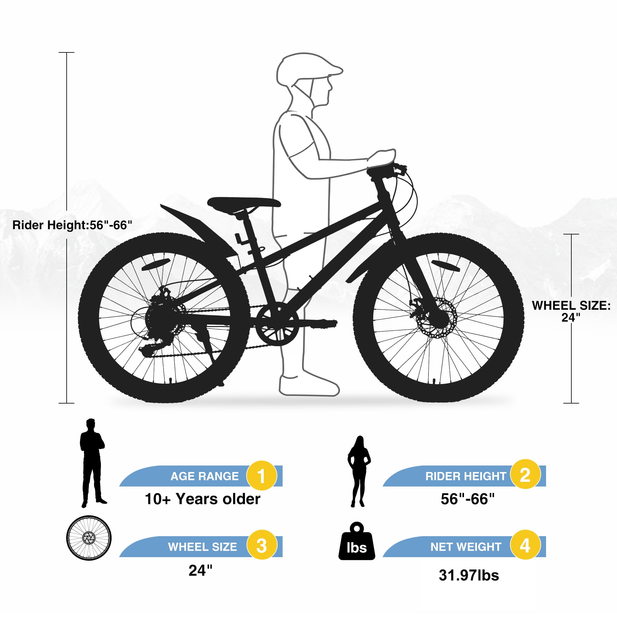 Zukka 24 inch Mountain Bike Fat Tire 7 Speed Hardtail Dual Disc Brake Hardtail Bicycle for Students Blue