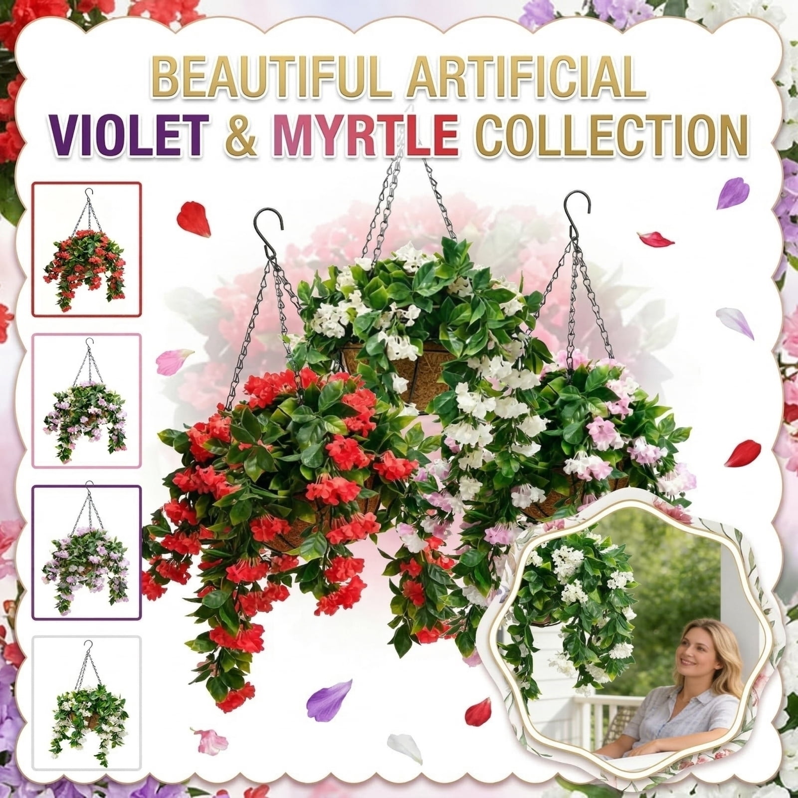 Artificial Hanging Flowers in Basket, 27.5" Silk Violet & Myrtle Hanging Plants with Coco Coir Liner, UV Resistant Faux Flowers for Outdoor Patio Garden Porch Home Decor, Set of 2