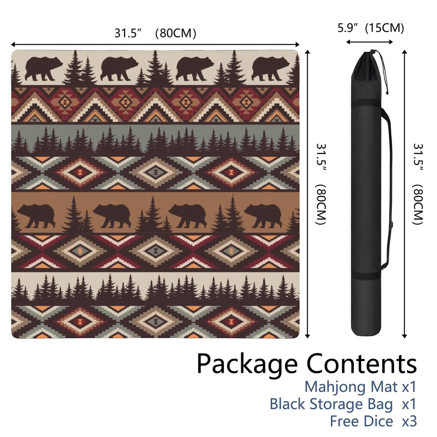 Decorative Boho Print Non-Slip Table Mat for Mahjong 31.5 Inch Square Rubber Surface Reduces Tile Noise for Card Games Board Games and Game Nights