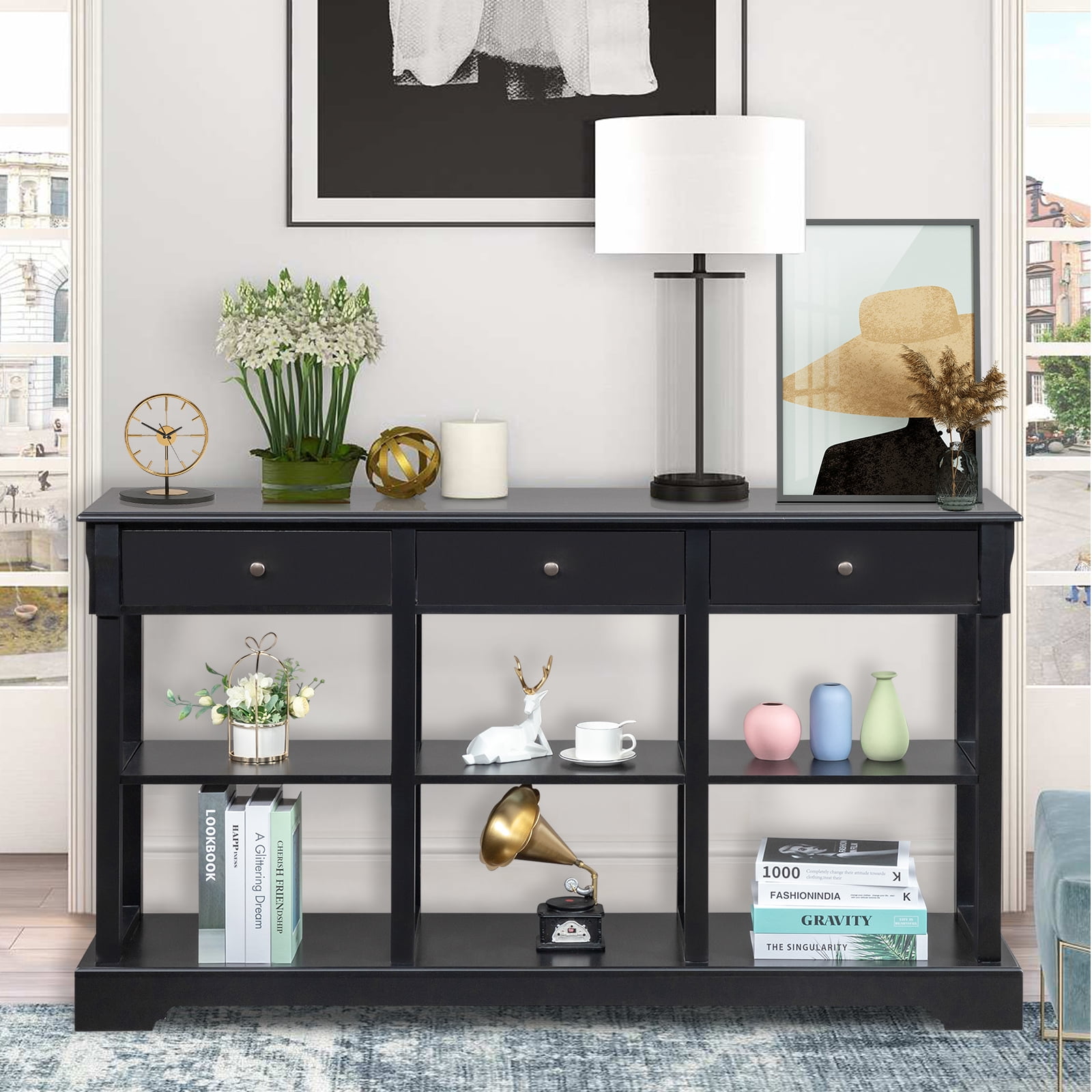 Ktaxon Modern Console Table with 3 Drawers and 3 Storage Shelves, 58" Sofa Table Narrow Long Entryway Table for Living Room