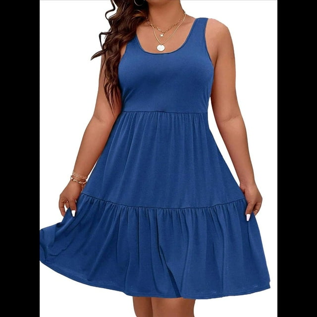 Vestidos de Verano para Mujer, de Gran Tamaño, con Hombros Descubiertos, Lisos, Sin Mangas, con Volantes en el Bajo, Vestidos Cortos con , Azul XXXL