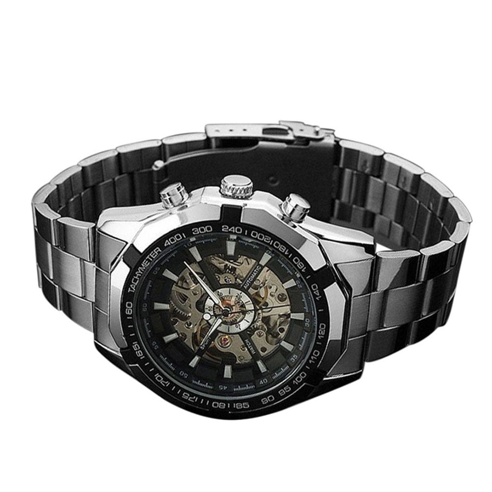 Skeleton Automatic Watches For Men Silver Stainless Steel Wrist Watch