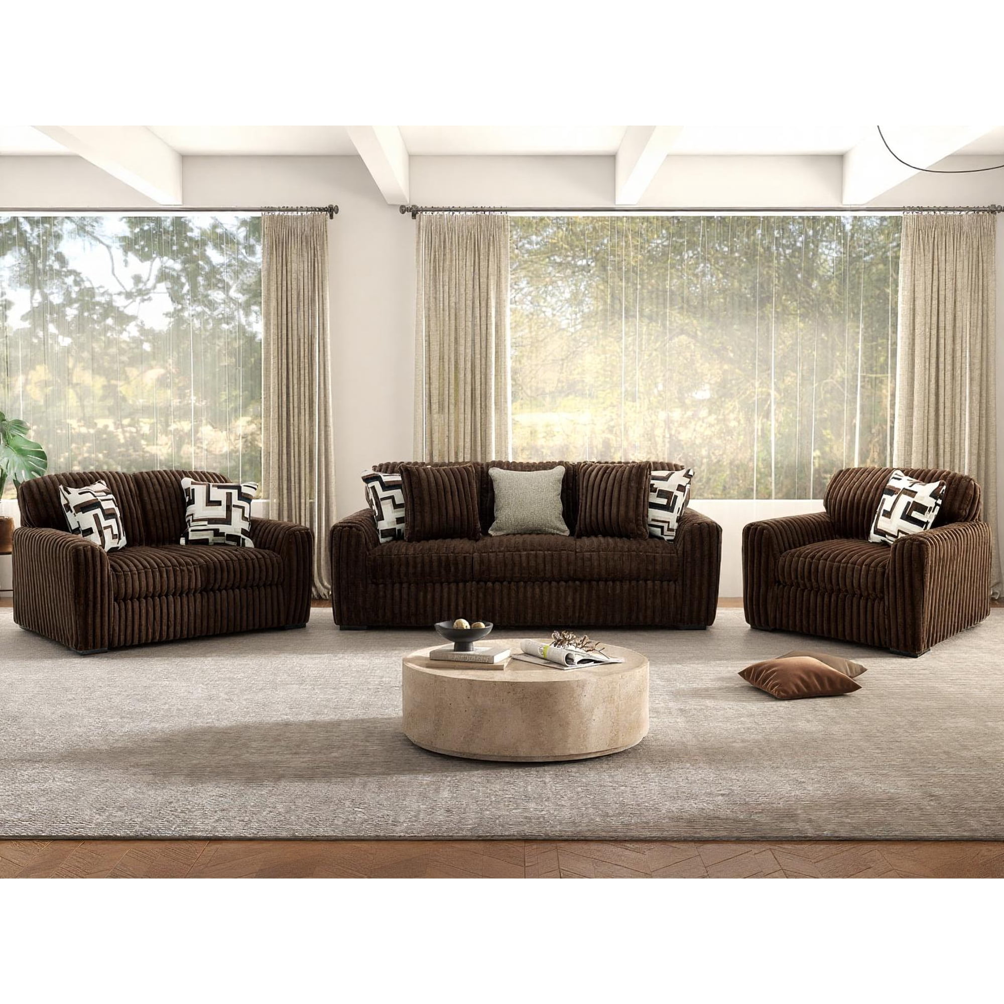 Roundhill Furniture Solenne 3-Piece Living Room Set  Oversized Sofa  Loveseat  and Chair and a Half with Jumbo Corduroy Upholstery  Reversible Cushions  Chocolate