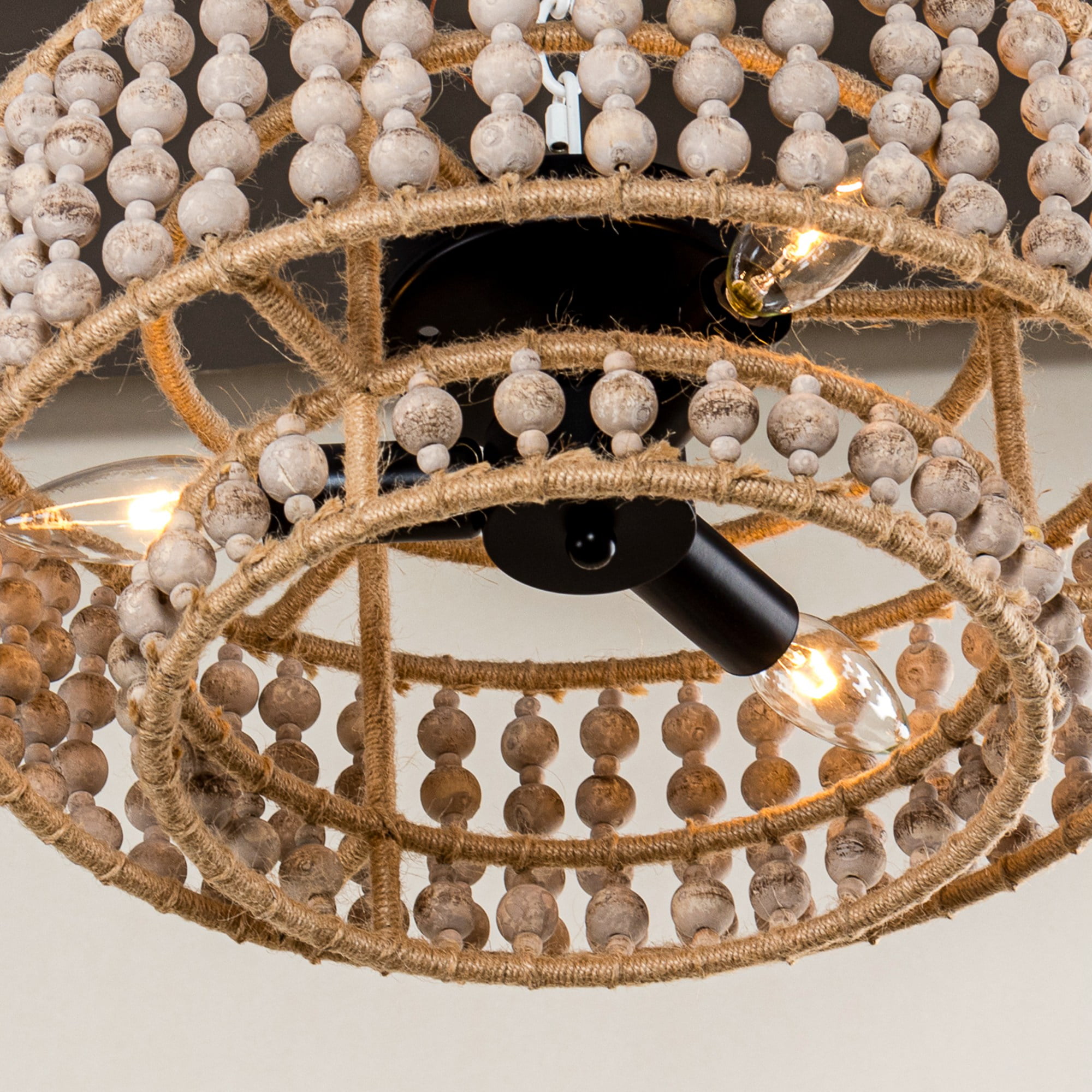 Parrot Uncle 16 inch Bohemia Flush Mount Ceiling Lights Wood Beaded Chandelier Ceiling Light Fixtures for Bedroom with 3 Lights, bulbs and switch not included