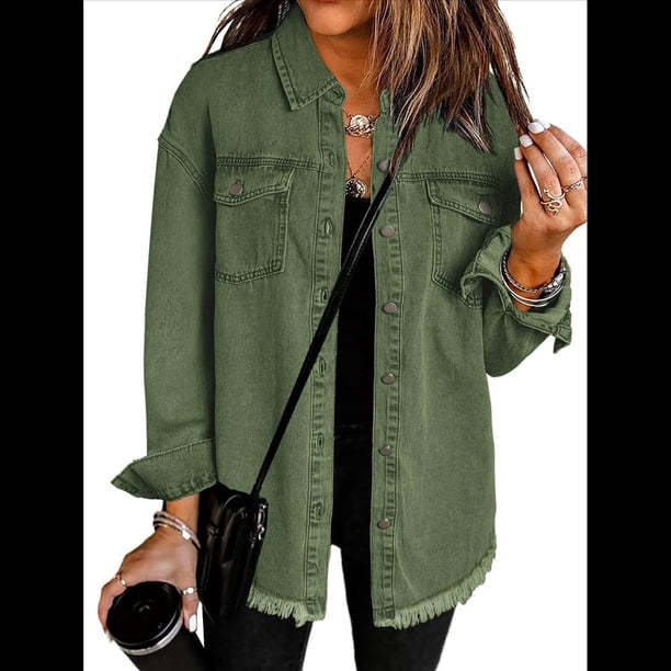 Chaqueta Vaquera Oversize para Mujer, Camisas Vaqueras Casuales de Larga, Chaqueta Vaquera Desgastada, Conjuntos de 2025. Verde XL