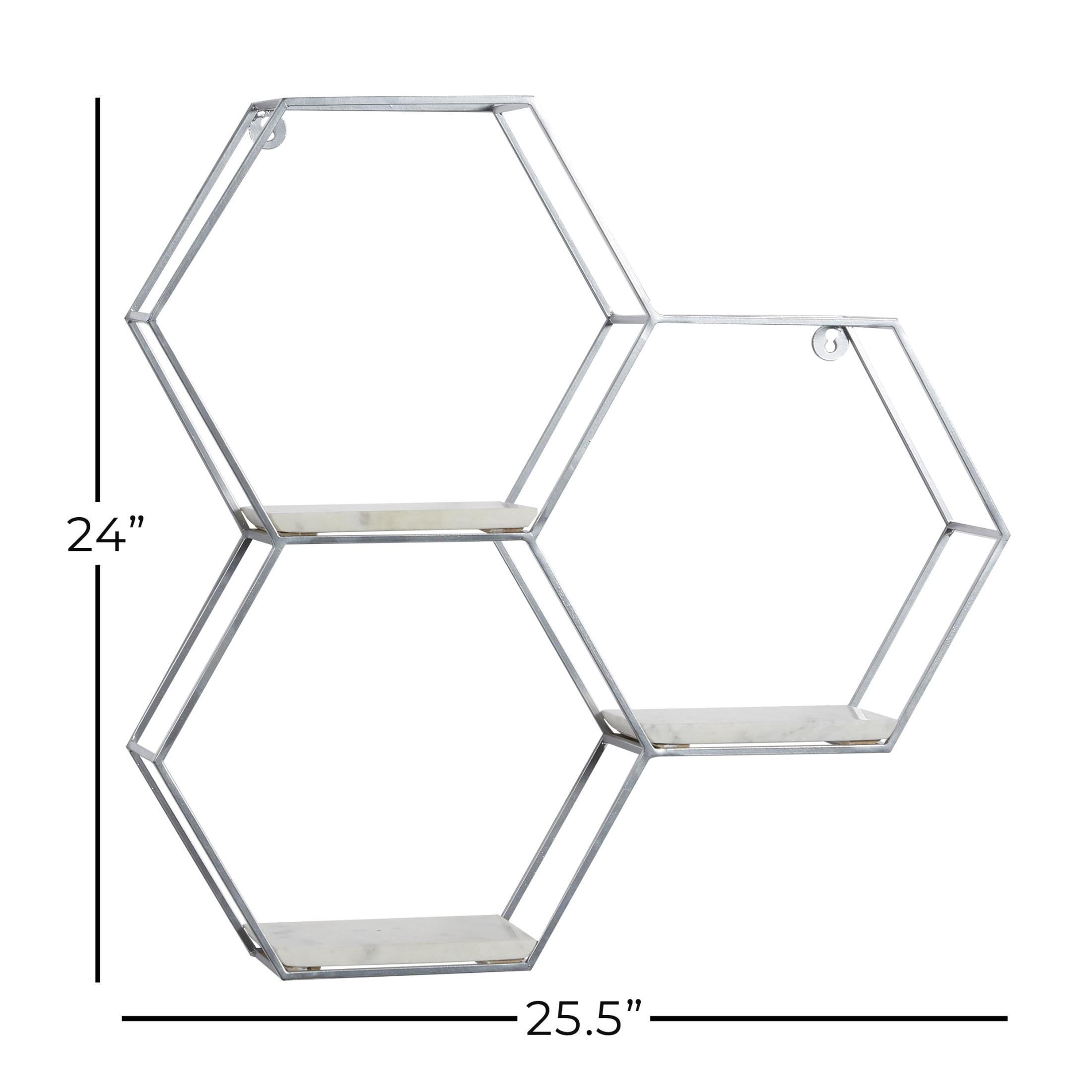 DecMode 26" x 5" Hexagon 3-Tier Silver Geometric Wall Shelf with 3 Marble Shelves