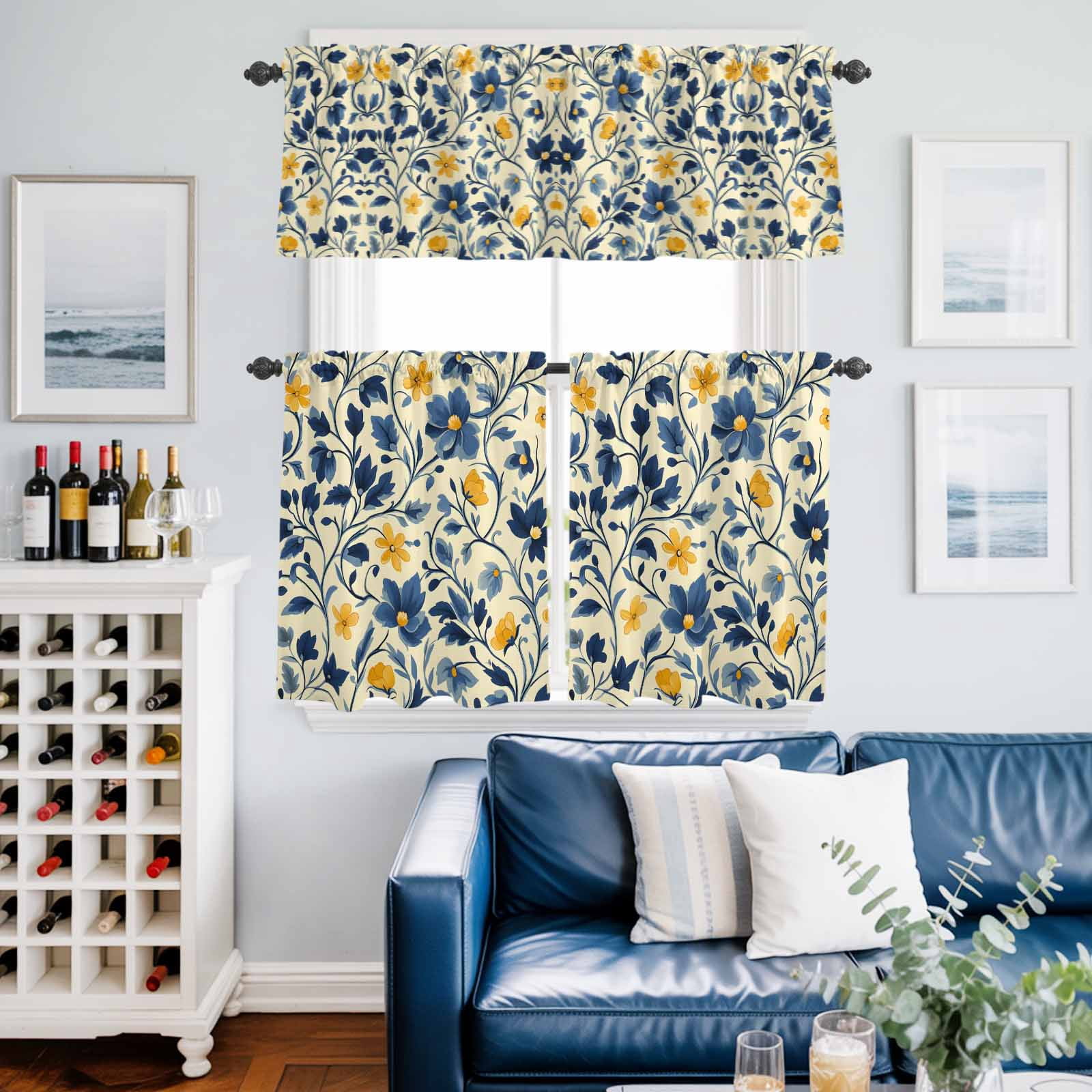 Rustic Floral Kitchen Curtains Valances 3 Piece Set, Watercolor Vintage Yellow Blue Flower Blue Grey Leaf Linen Texture Rod Pocket Tier Curtain & Valance Drapes for Small Window 24 Inch Length