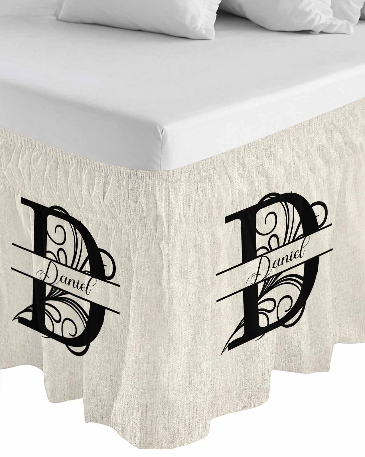Letter D Bed Skirt Queen Size, Monogram Words Wrap Around Bed Skirting with Adjustable Elastic Strap, Dust Ruffle Pleated Bedskirts 16 Inch Drop for Bedroom Queen Beds