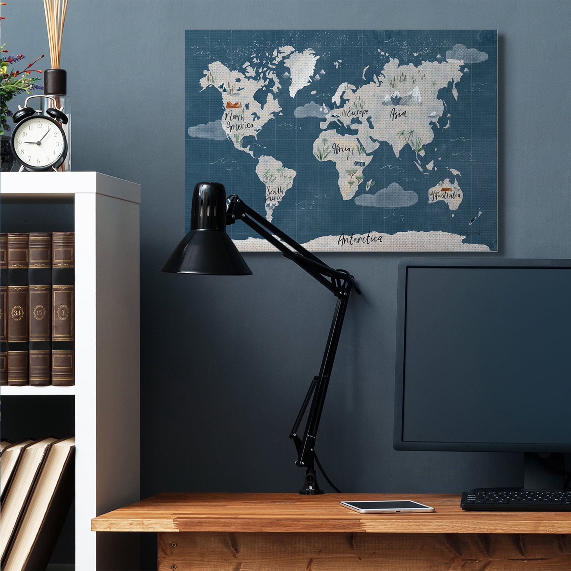 Stupell Industries Vintage Blue World Map Nautical Cloud Details Canvas Wall Art by Becky Thorns