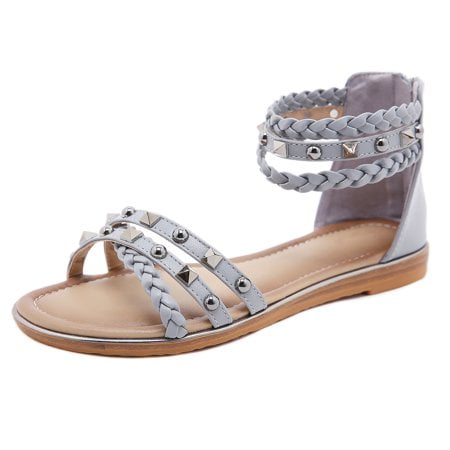 

DAFENGEA Fashion Studded Gladiator Flat Sandals for Women Summer Casual Comfortable Beach Rivet Sandals Non-slip Shoes with Zipper Black
