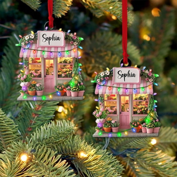 Personalized Flower Shop Acrylic Christmas Ornament 2025 Custom Floral Boutique Storefront Holiday Tree Decor, Florist Gift Idea