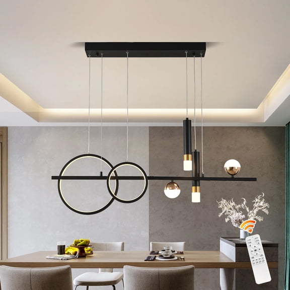 Ganeed Modern Black Gold Chandeliers for Dining Room, Dimmable LED Chandelier Linear Pendant Light for Kitchen Island, 39in Globe Haning Pendant Chandelier Lighitng with Remote (2 Rings, 2700lm)