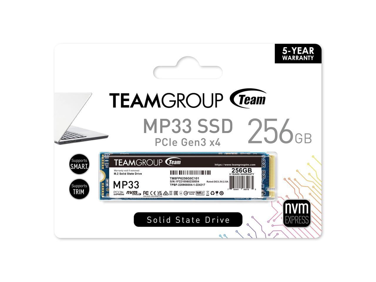 TEAMGROUP MP33 256GB SLC Cache 3D NAND TLC NVMe 1.3 PCIe Gen3x4 M.2 2280 Internal SSD R/W Speed up to 1600/1000 MB/s Laptop&PC Desktop TM8FP6256G0C101