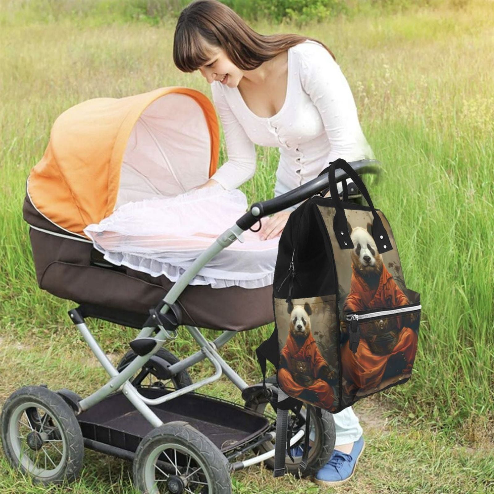 Fuzoiu Jungle Meditating Panda Print Diaper Bag Backpack,Baby Essentials Travel Tote,Multi function Waterproof Diaper Bag, Travel Essentials Baby Bag - Unisex