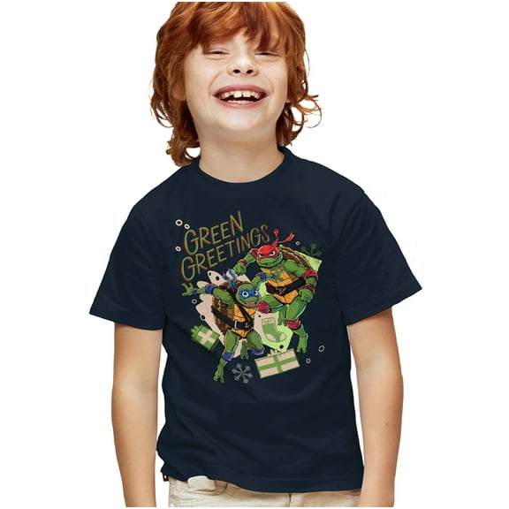 TMNT: Mutant Mayhem Christmas Greetings Leonardo Raphael Kids T Shirt for Youth Boys and Girls, Navy, Medium