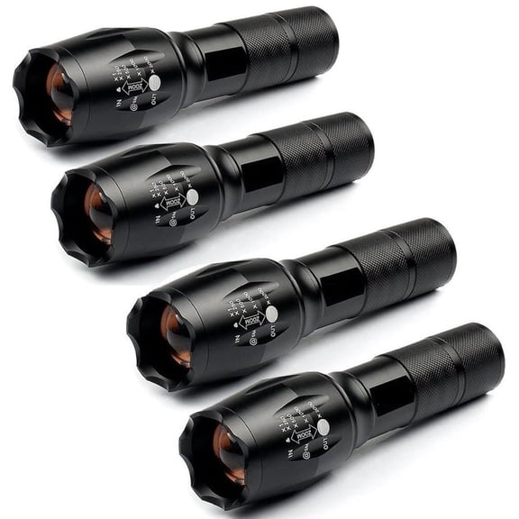 4‑Pack Tactical LED Flashlights, High‑Lumen Zoomable Waterproof Hand‑Held Flash Light with 5 Lighting Modes, Black Portable Torch for Camping Outdoor Emergency