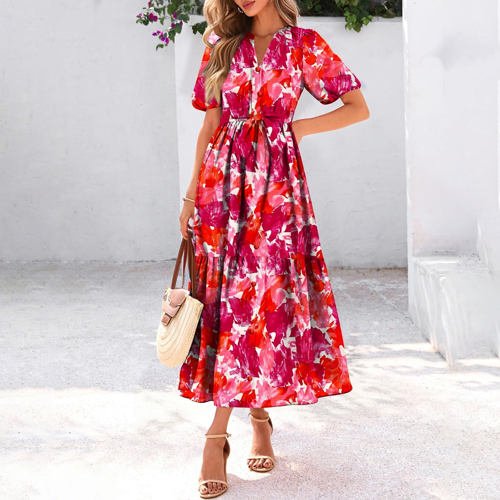 Weiqiqre Spring Dresses for Women 2025 Floral V Neck Puff Sleeve Empire Waist A Line Flowy Long Beach Boho Dress