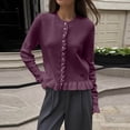 thumbnail image 7 of XUNKUSGA Women Crew Neck Ruffle Trim Knit Cardigan Fashion Pearl Button Front Long Sleeve Cropped Cardigan Sweaters for Women Soft Stretchy Cardigan for Women Wine Free Size, 7 of 7