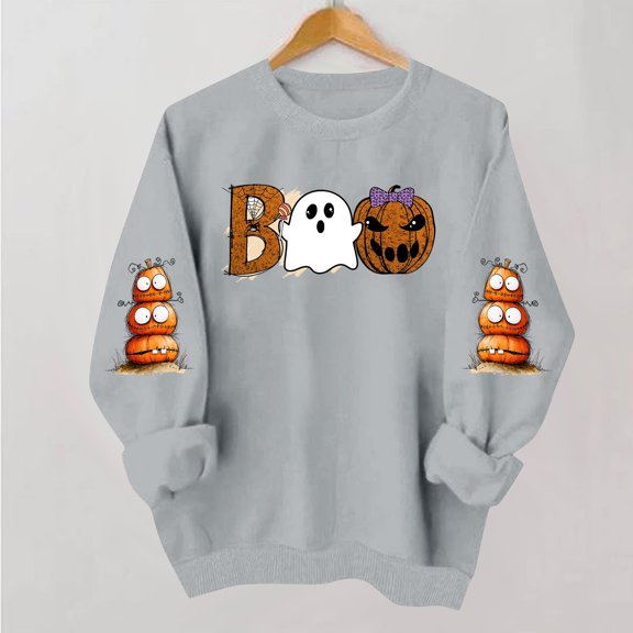 NSLGXD Women's Halloween Sweatshirts Cute Print Pullovers Trendy Holiday Round Neck Long Sleeve Y2k Tops Halloween Costumes