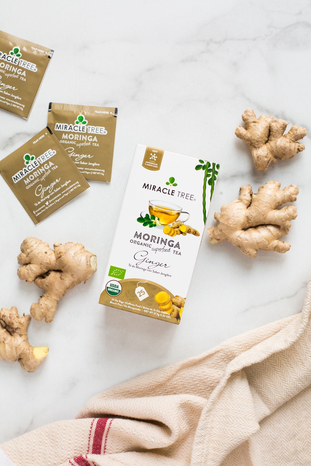 Miracle Tree Organic Moringa Ginger Tea, 25 Enveloped Tea Bags, 6 Count