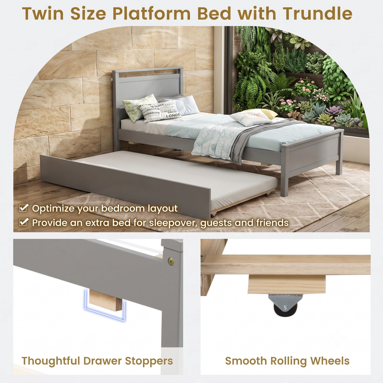 Furnibear Twin Bed Frame with Trundle, Wooden Platform Bed with Roll-Out Trundle and Plank Headboard, No Box Spring Needed, Gray