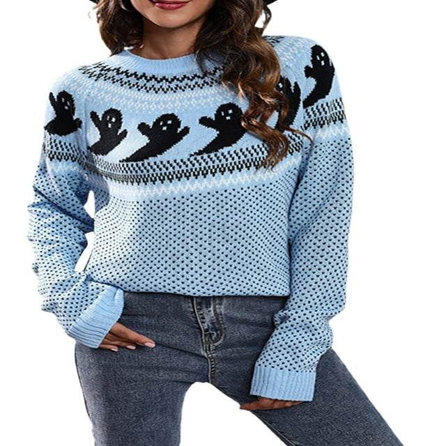 Femmes Halloween Pull Décontracté Tricoté Fantôme Col Rond Manches Longues Raglan Pull pour les Femmes