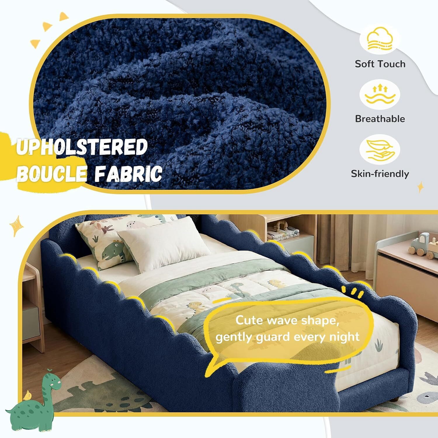 Avobird Twin Size Cute Dinosaur-Shaped Kids Bed with Safety Guardraild, Solid Wood Toddler Bed Frame for Children for Bedroom, Boucle Fabric, Navy Blue