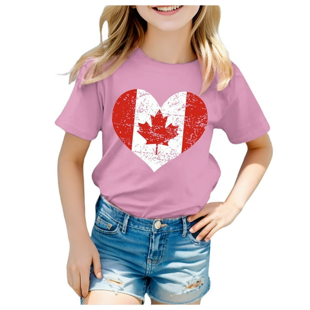 Toddler Girls Summer Tops Tees Stylish Maple Leaf Graphic Heart Pattern Print Striped T Shirt Short Sleeve Casual Fit Basic Tee Blouse Spring Shirts For Boy 10-11T
