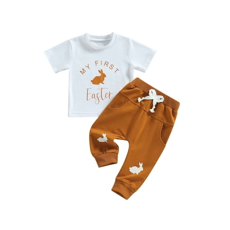 

Canrulo Newborn Baby Boy Easter Outfit Short Sleeve My 1ST Easter Bunny T-Shirt + Drawstring Sweatpants 2Pcs Set Earth Yellow 0-3 Months