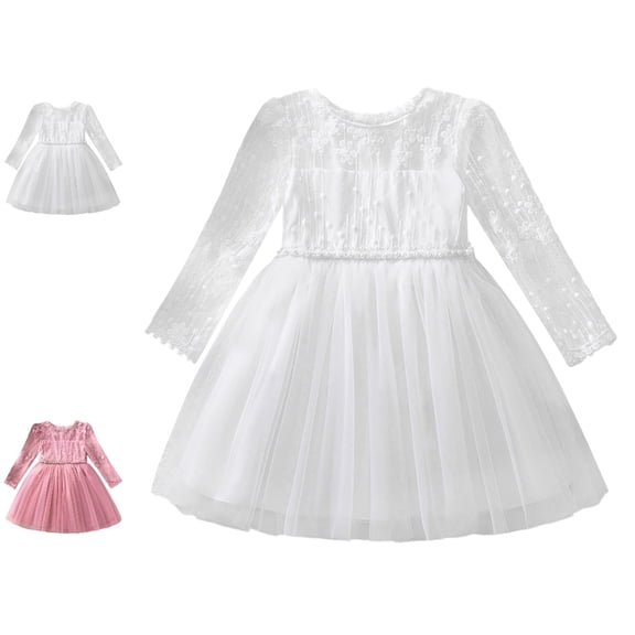 Bmisegm Toddler Dress Long Sleeve Round Neck Textured Bodice Pearl Waist Tiered Flowy Skirt Formal Occasion Girls Dresses 2-3 Years