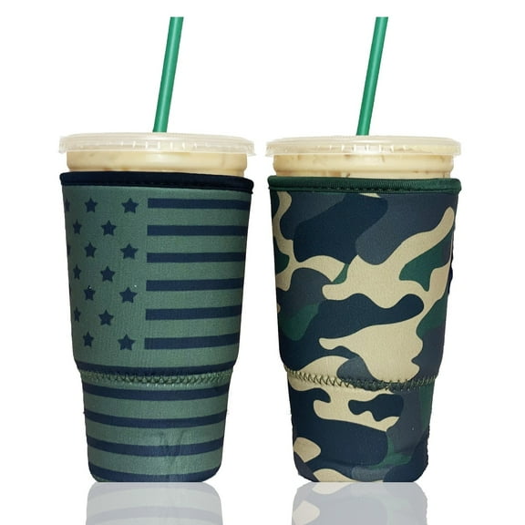Baxendale and Co 2-Pack Large (32oz) Reusable Neoprene Insulator Sleeve for Iced Coffee or Cold Beverage Cups (Green Camo & Flag)
