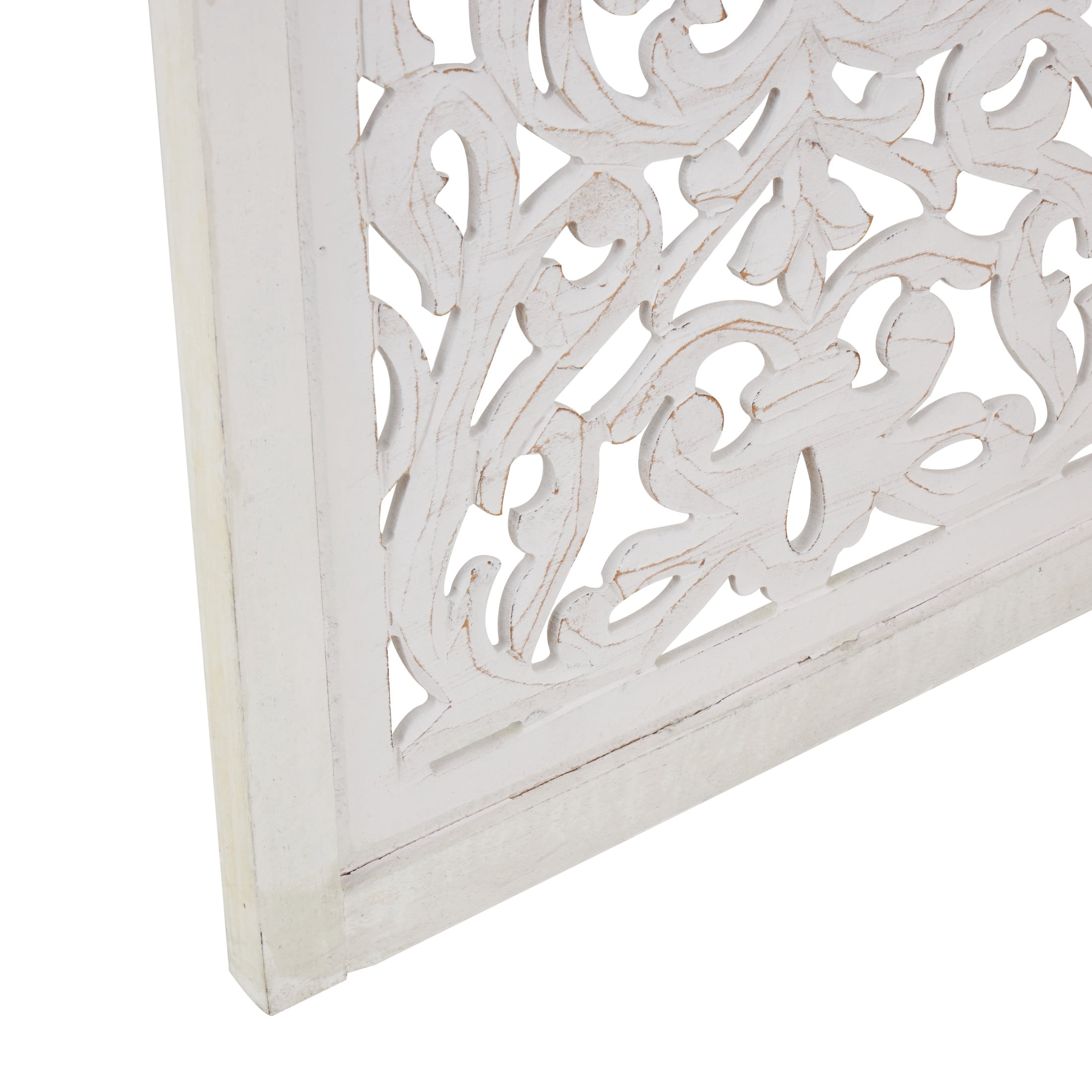 DecMode 60" x 69" White Wooden Floral Handmade Foldable Partition 3 Panel Room Divider Screen with Carved Design, 1-Piece