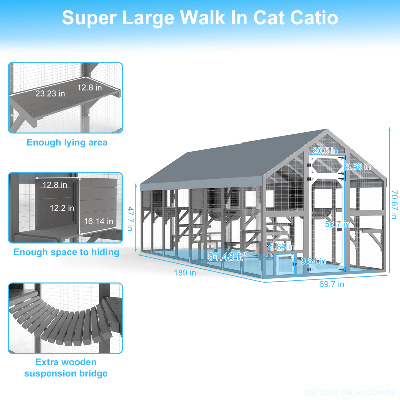 Petscosset 110" Large Catio Outdoor Cat Enclosure, Multi Cats Cat House Weatherproof, Small Animals House Outdoor for 6-8 Cats