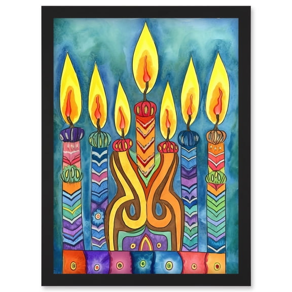 Jewish Menorah Candle Patterns Folk Art Watercolour Painting Artwork Framed Wall Art Print A4