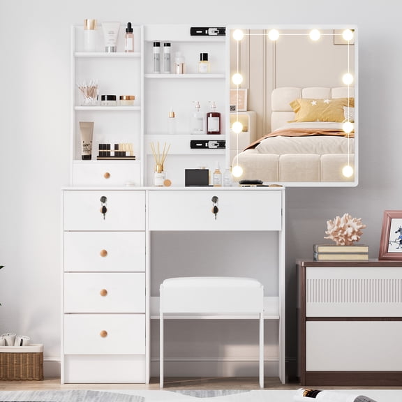Teousev White Vanity for Bedroom, Vanity Desk with Sliding Mirror and 10 Lights, 6 Drawers Vanity Set with Stool for Girls