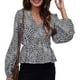 thumbnail image 1 of Blusa cruzada con cuello en V y estampado floral, manga larga, dobladillo con volantes, blusa cruzada con estampado floral para mujer, 1 of 6