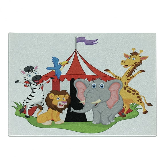 Circus Cutting Board, Performer Acrobat Animals in Circus Tent Happy Giraffe Joyful Art, Decorative Tempered Glass Cutting and Serving Board, Small Size, Red Green Yellow, by Ambesonne