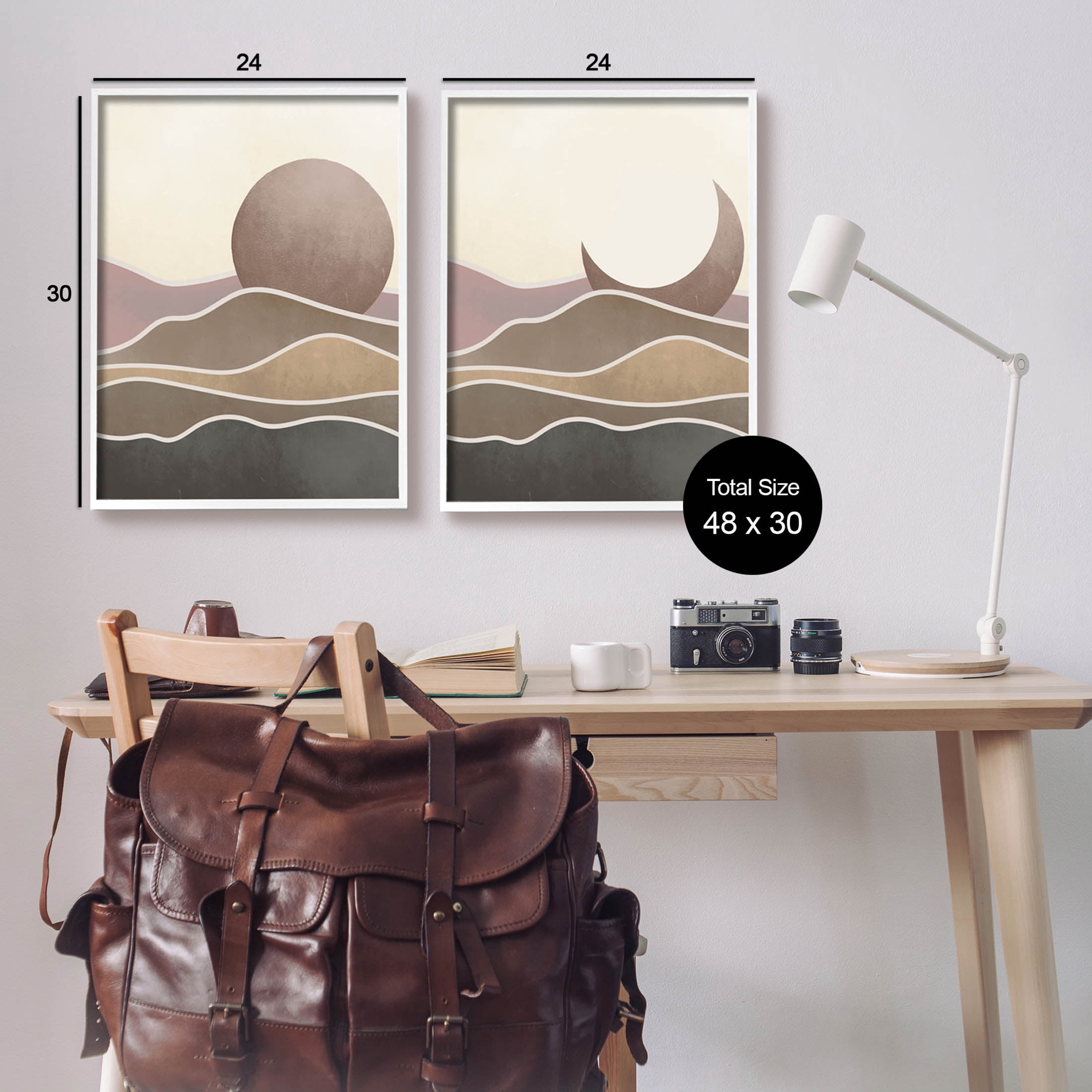 Neutral Toned Landscape Sun Moon Landscape Graphic Art White Framed Art Print Wall Art, Set of 2