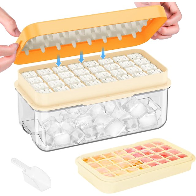 Bandeja para cubitos de hielo con tapa y recipiente, PHINOX 64 piezas Bandejas para cubitos de hielo para congelador con 2 bandejas, recipiente, tapa y pala para hielo, sin BPA