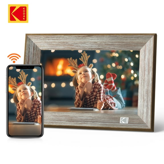KODAK Cadre Photo Numérique Wi-Fi de 10,1 Po, Écran Tactile avec Cadre Ton Bois Gris, Cadeau pour un Être Cher
