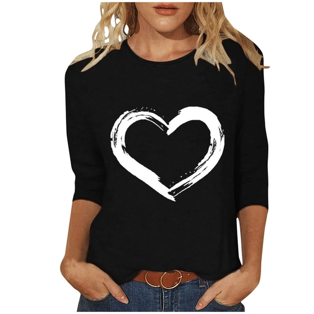 Plebaso Hauts Cœur pour Femmes Manches 3/4 Col Rond T-Shirts Graphiques Mignons Imprimés Blouses Décontractées pour Femmes