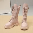 thumbnail image 6 of Girls Mid Calf Boots, Side Zip Faux Leather Fashion Boots, Lace Up Chunky Sole Fall Footwear for School Outings, 6 of 8