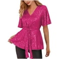 thumbnail image 5 of Women's Short Sleeve V Neck Wrap Belted Ruffle Peplum Blouse Tops, 2025, 5 of 6