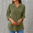 thumbnail image 4 of DuoJiaJ Women Three Quarter Sleeves Solid Color Lapel Hem Slit Tuxedo Top Irregular Pullover Shirt Women's Button Down Shirts Green XXXL, 4 of 5