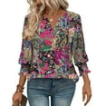 thumbnail image 4 of Spring Summer 3/4 Length Sleeve Tops Floral Printed T-Shirt Henley Neck Tee Short Sleeve Shirts Smocked Cuffed Sleeve Tunic Blouses Comfort Casual Tee Shirts Going Out Blosues, 4 of 6