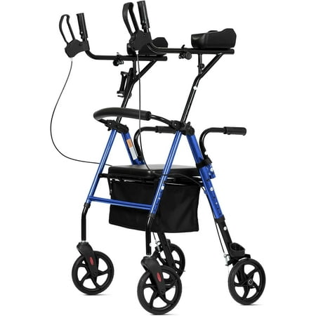 ELENKER Stand Up Folding Rollator Walker, Aluminum Upright Rollator Walker with Seat and Backrest for Seniors, Blue