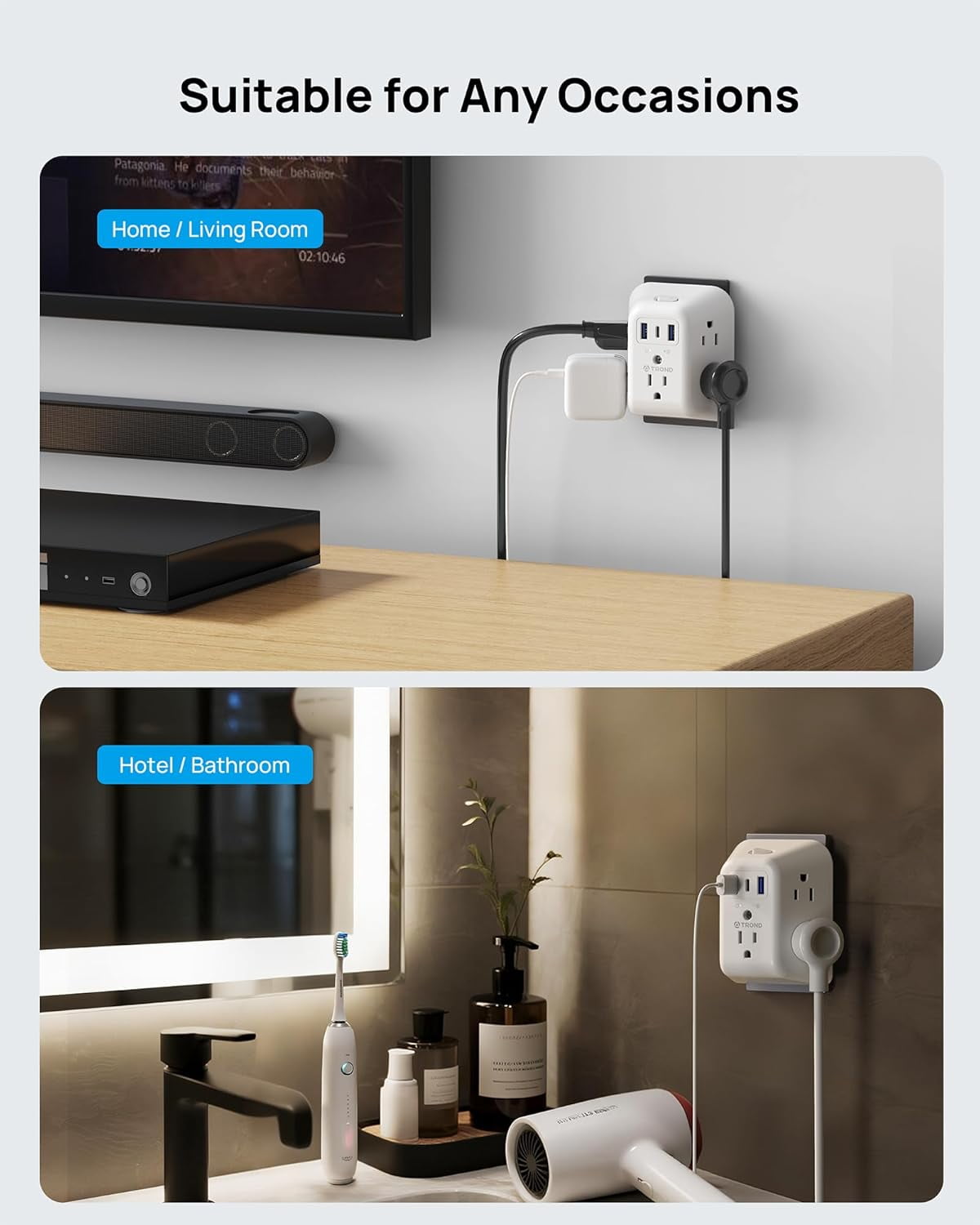 Surge Protector Outlet Extender - 5 Outlet Splitter with 3 USB Ports (1 USB C), Multi Plug Expander with ON/Off Switch, 3 Sided Multiple Wall Plug Power Strip for Home Travel Office