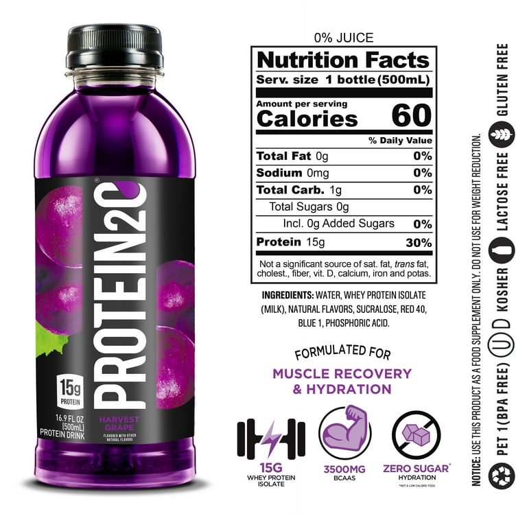 Protein2o 15g Whey Protein Infused Water Harvest Grape 16.9 oz Bottle Pack of 12