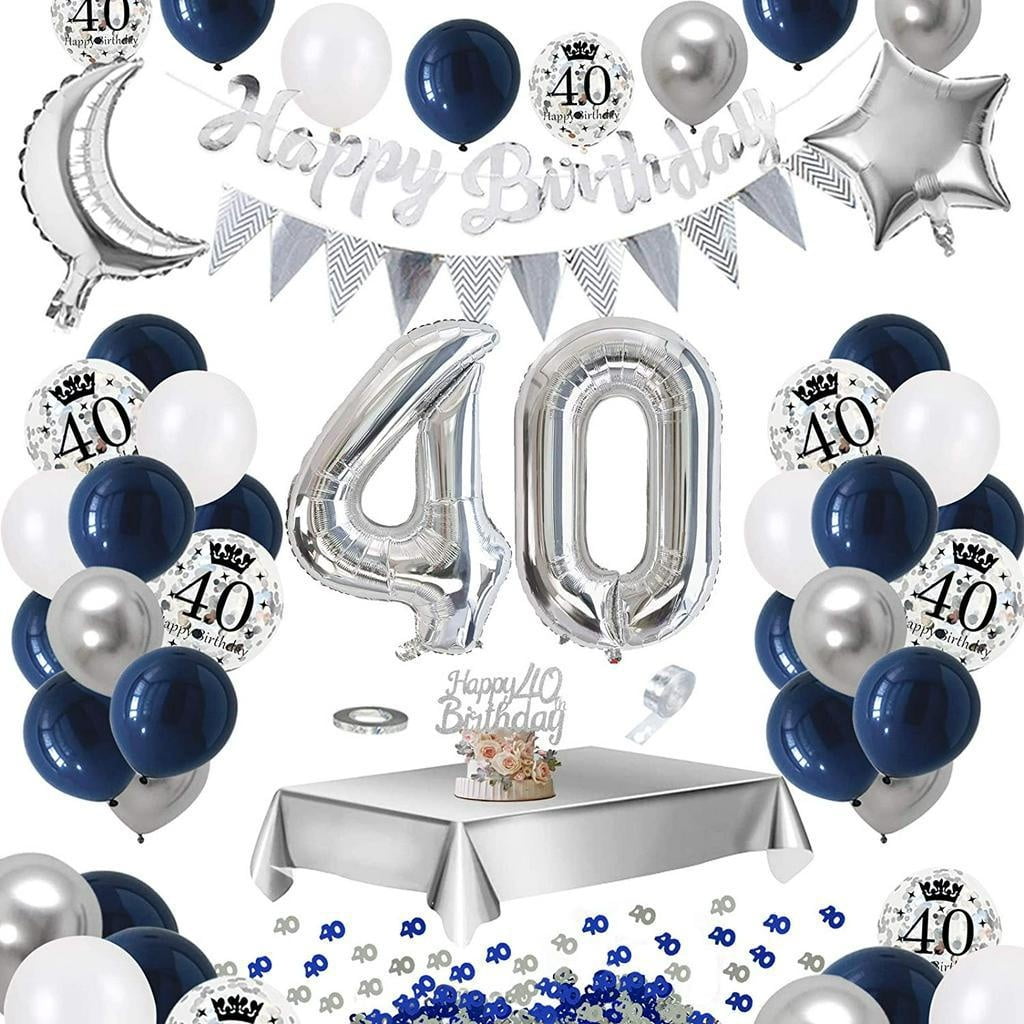 40th birthday Decorations Birthday Party Supplies Set- Foil Happy Birthday Balloons Number 40 and Star Shaped Balloons Silver and Blue
